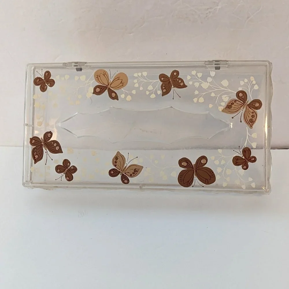 Vintage MCM Butterflies Tissue Box Holder Cover Clear &‎ Gold Acrylic  by Wolff